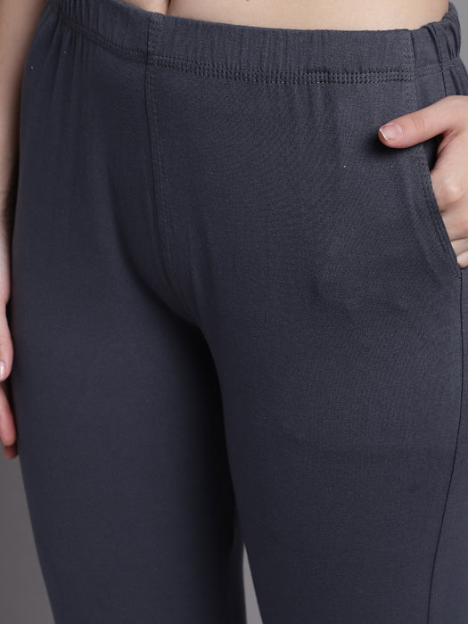 Women Grey Cotton lycra legging with side pocket
