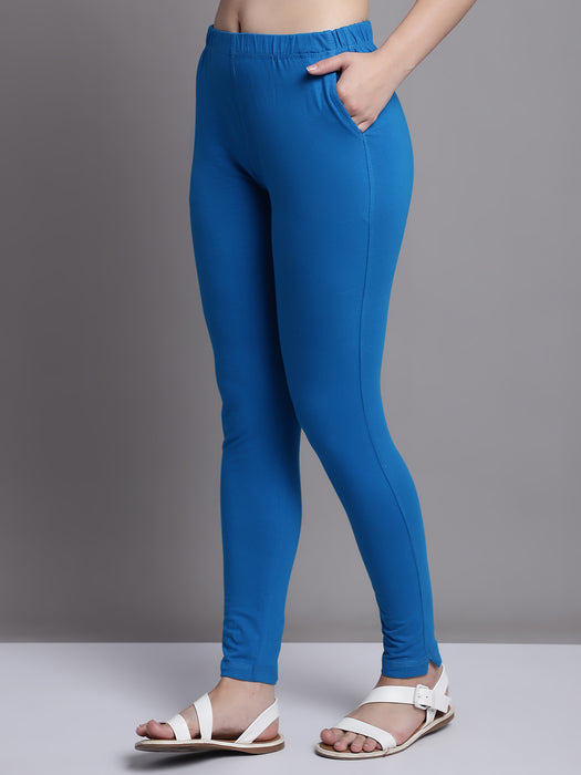 Women Royal Blue Cotton lycra legging with side pocket