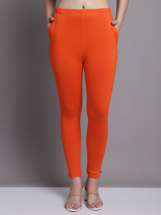 Women Orange Cotton lycra legging with side pocket