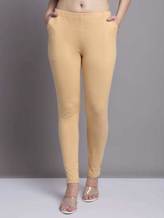 Women Beige Cotton lycra legging with side pocket