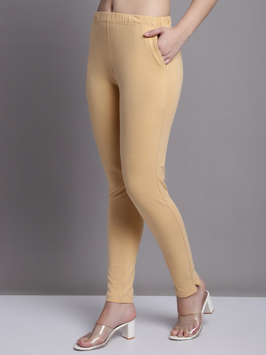 Women Beige Cotton lycra legging with side pocket
