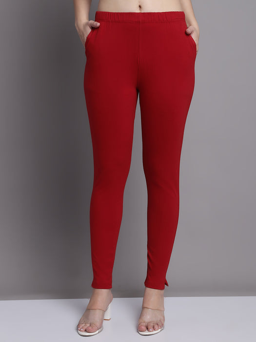 Women Maroon Cotton lycra legging with side pocket