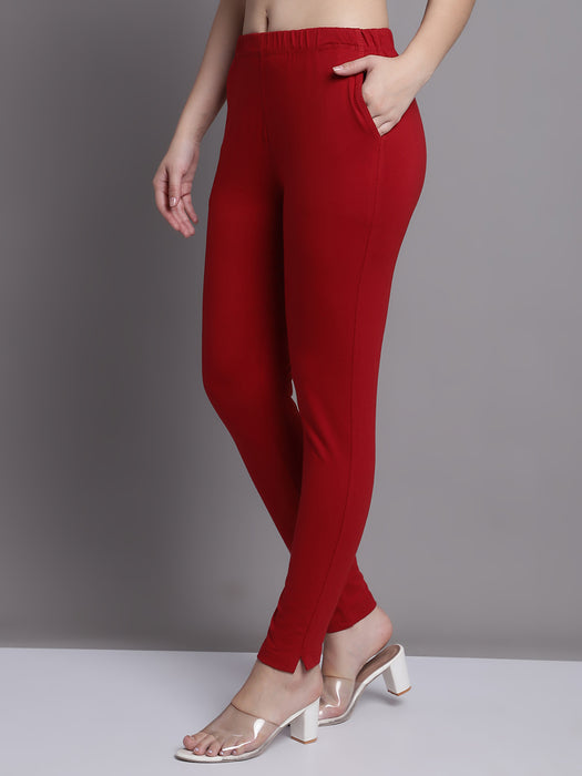 Women Maroon Cotton lycra legging with side pocket