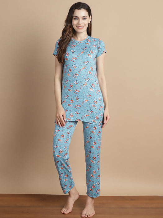 Women Blue Round Neck Floral printed cotton lycra nightsuit