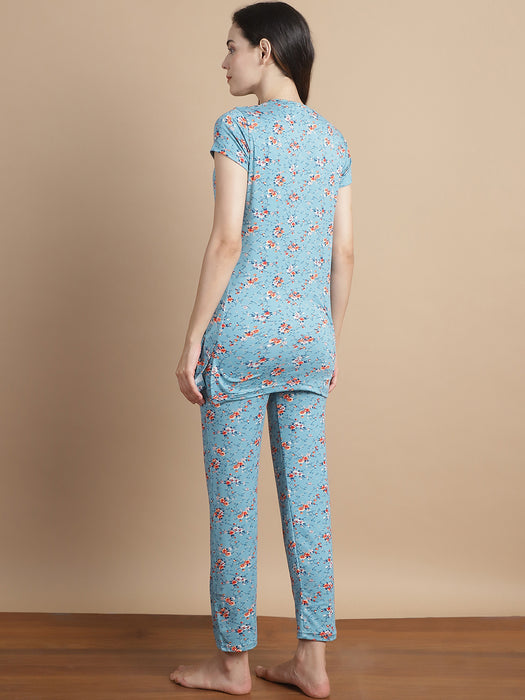 Women Blue Round Neck Floral printed cotton lycra nightsuit