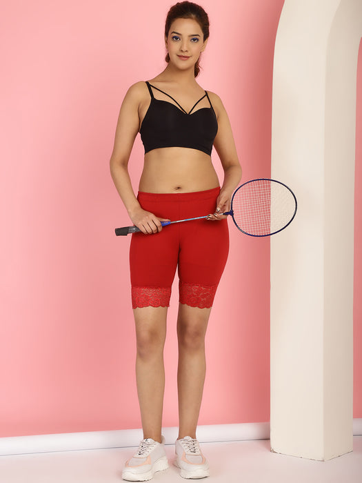 Women Maroon Cotton Lycra Cycling short with Hem design