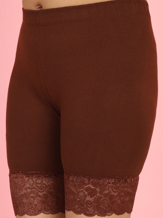 Women Brown Cotton Lycra Cycling short with Hem design