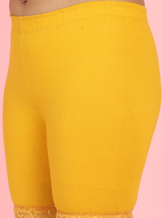 Women Gold Cotton Lycra Cycling short with Hem design