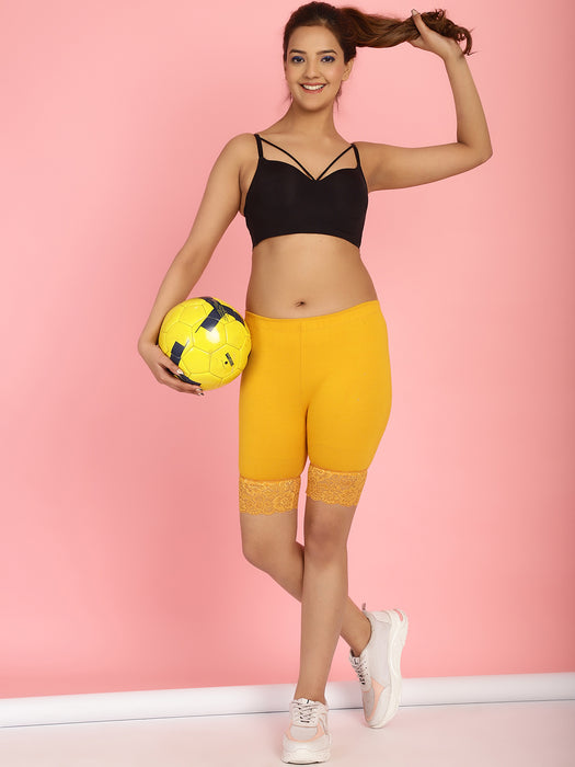 Women Gold Cotton Lycra Cycling short with Hem design