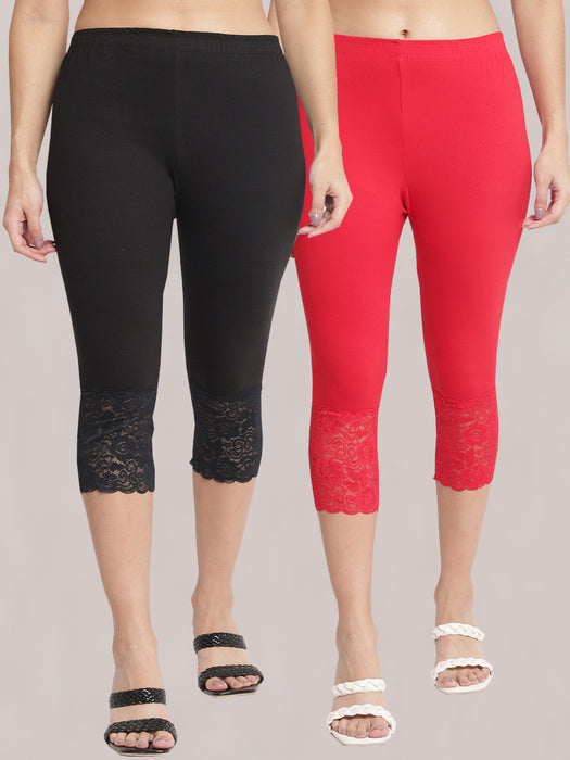 Women Black Red 100% cotton Lycra Net Capri