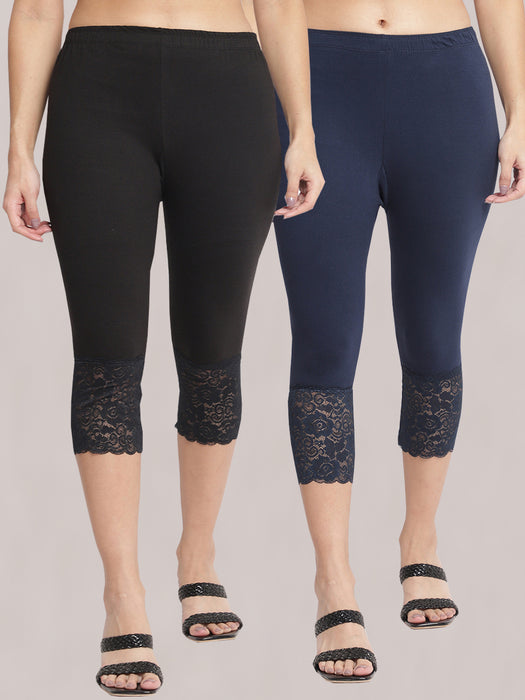 Women Black Navy 100% cotton Lycra Net Capri