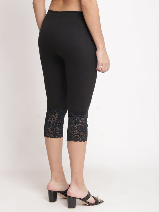 Women Black Navy 100% cotton Lycra Net Capri