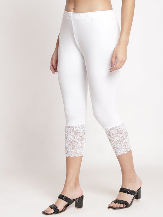 Women White 100% cotton Lycra Net Capri