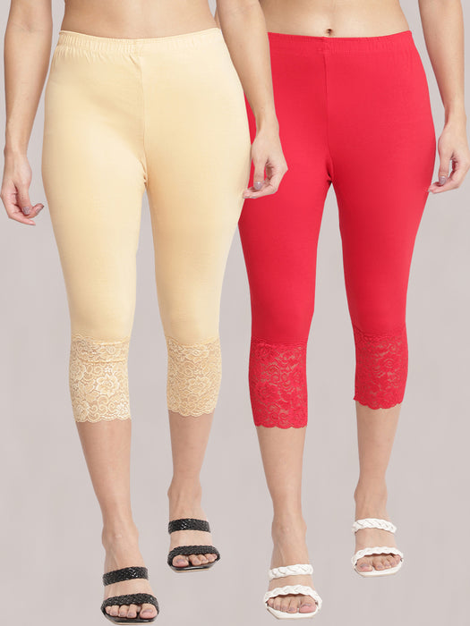 Women Red Skin 100% cotton Lycra Net Capri