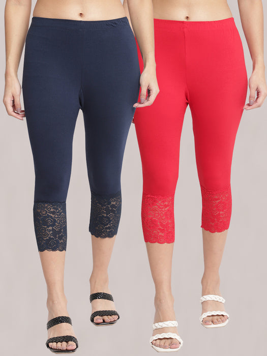 Women Red Navy 100% cotton Lycra Net Capri