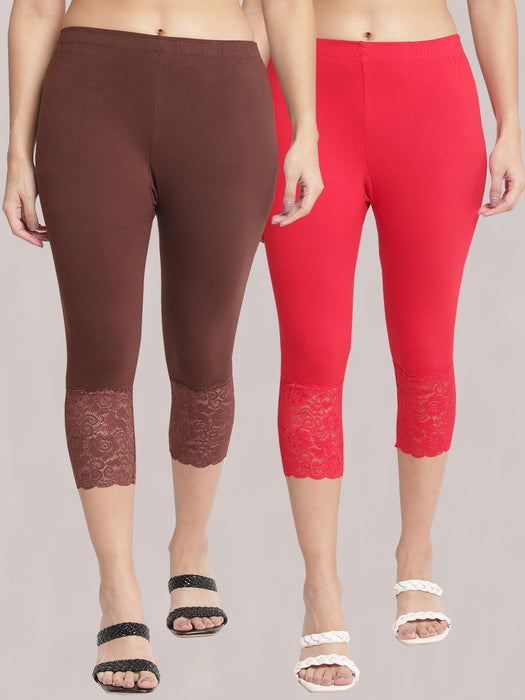 Women Red Brown 100% cotton Lycra Net Capri