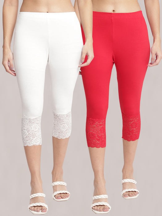 Women Red Off white 100% cotton Lycra Net Capri