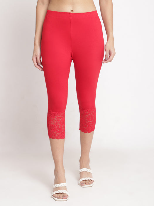 Women Red Off white 100% cotton Lycra Net Capri