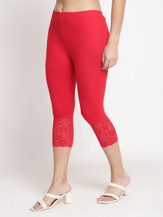 Women Red 100% cotton Lycra Net Capri