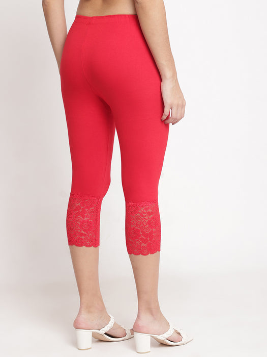 Women Red Navy 100% cotton Lycra Net Capri