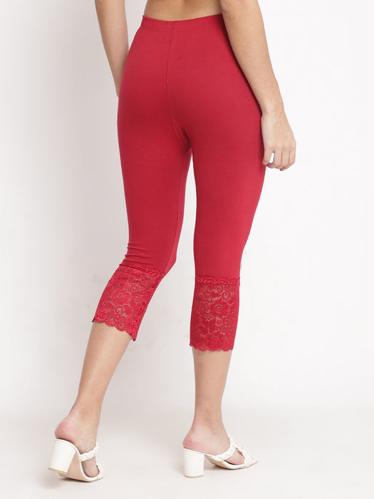 Women Red Maroon 100% cotton Lycra Net Capri