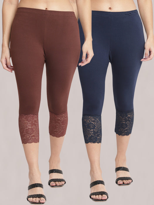 Women Navyblue Brown 100% cotton Lycra Net Capri