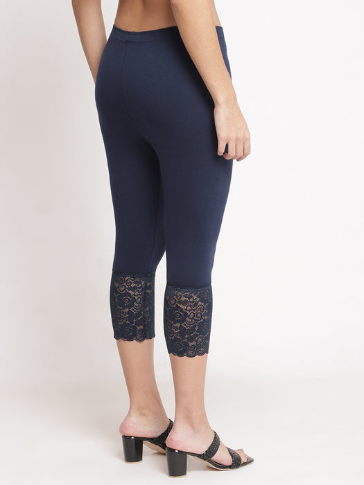 Women Navyblue Off white 100% cotton Lycra Net Capri