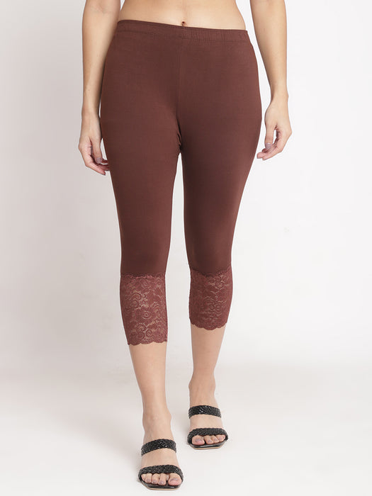 Women Red Brown 100% cotton Lycra Net Capri