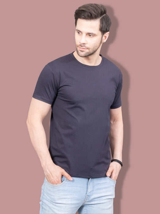 Men Navy Blue Short Sleeve Cotton Solid T-shirt