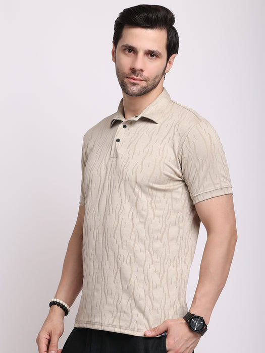 Men Light Beige Polyester Jacquard Classic polo collar with structured stitching T-shirt