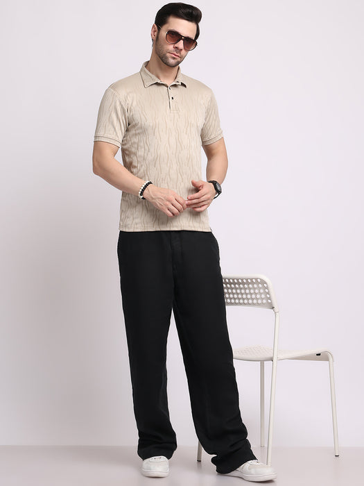 Men Light Beige Polyester Jacquard Classic polo collar with structured stitching T-shirt