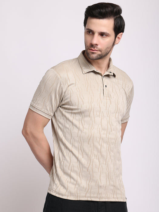 Men Light Beige Polyester Jacquard Classic polo collar with structured stitching T-shirt