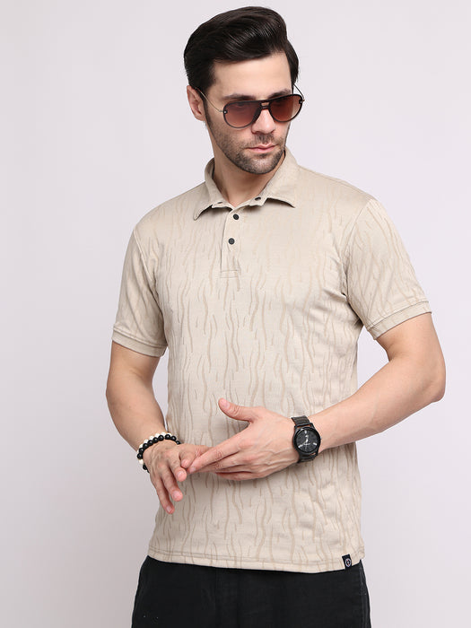 Men Light Beige Polyester Jacquard Classic polo collar with structured stitching T-shirt