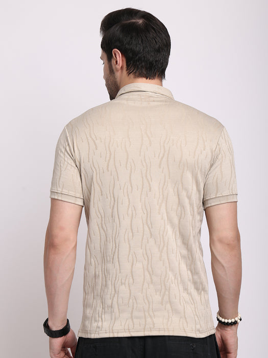 Men Light Beige Polyester Jacquard Classic polo collar with structured stitching T-shirt