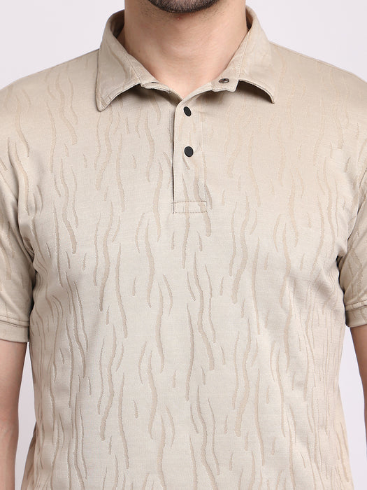 Men Light Beige Polyester Jacquard Classic polo collar with structured stitching T-shirt