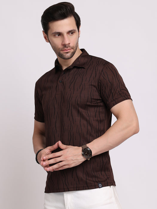 Men Brown Polyester Jacquard Classic polo collar with structured stitching T-shirt