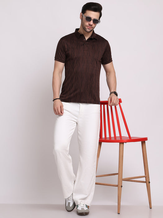 Men Brown Polyester Jacquard Classic polo collar with structured stitching T-shirt