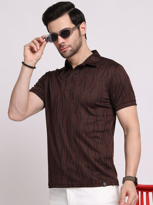 Men Brown Polyester Jacquard Classic polo collar with structured stitching T-shirt