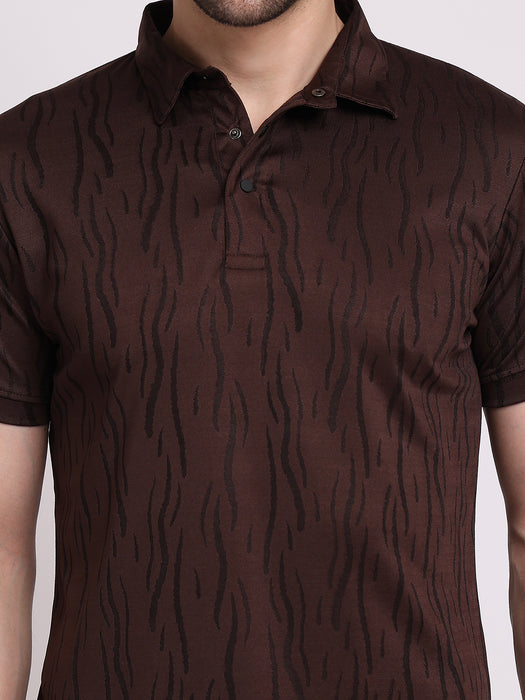 Men Brown Polyester Jacquard Classic polo collar with structured stitching T-shirt