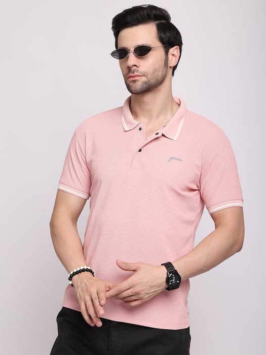 Men Pink Polyester Pin Stripe Classic polo collar with structured stitching T-shirt