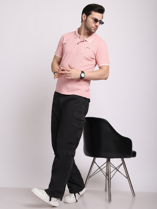 Men Pink Polyester Pin Stripe Classic polo collar with structured stitching T-shirt