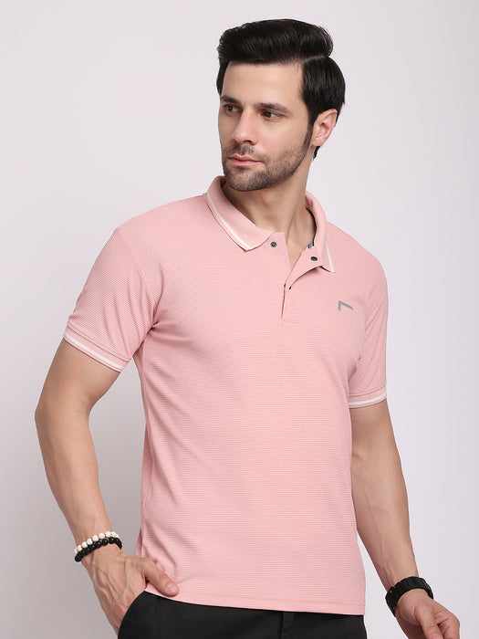 Men Pink Polyester Pin Stripe Classic polo collar with structured stitching T-shirt