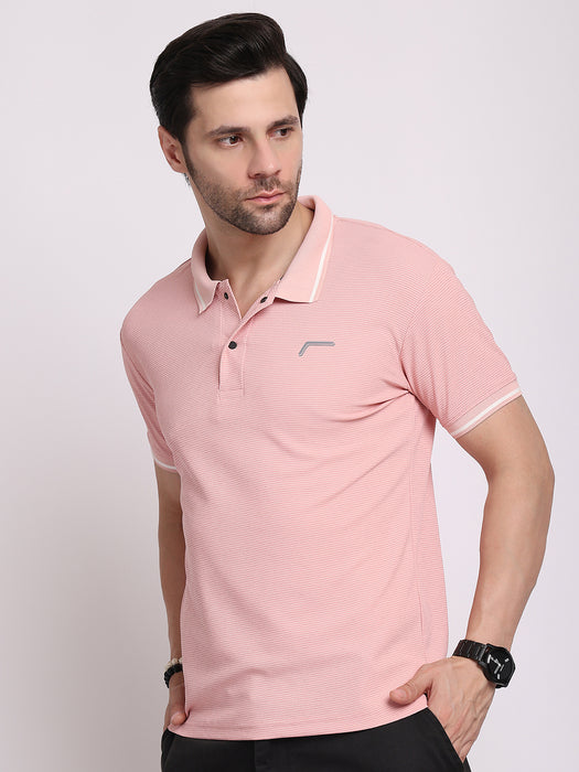Men Pink Polyester Pin Stripe Classic polo collar with structured stitching T-shirt