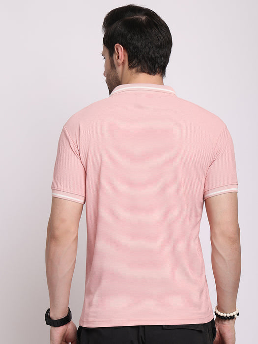 Men Pink Polyester Pin Stripe Classic polo collar with structured stitching T-shirt
