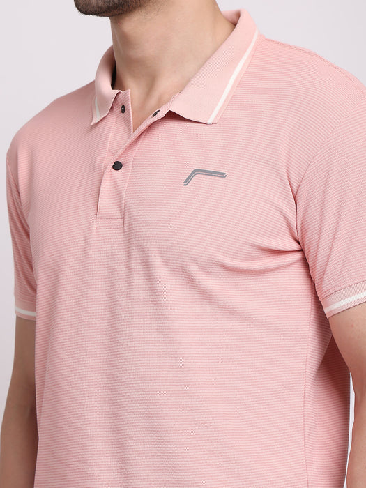 Men Pink Polyester Pin Stripe Classic polo collar with structured stitching T-shirt