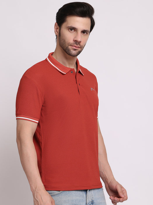 Men Brown Polyester Pin Stripe Classic polo collar with structured stitching T-shirt