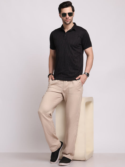 Men Black Polyester Jacquard Classic polo collar with structured stitching T-shirt