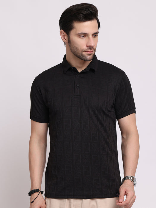 Men Black Polyester Jacquard Classic polo collar with structured stitching T-shirt