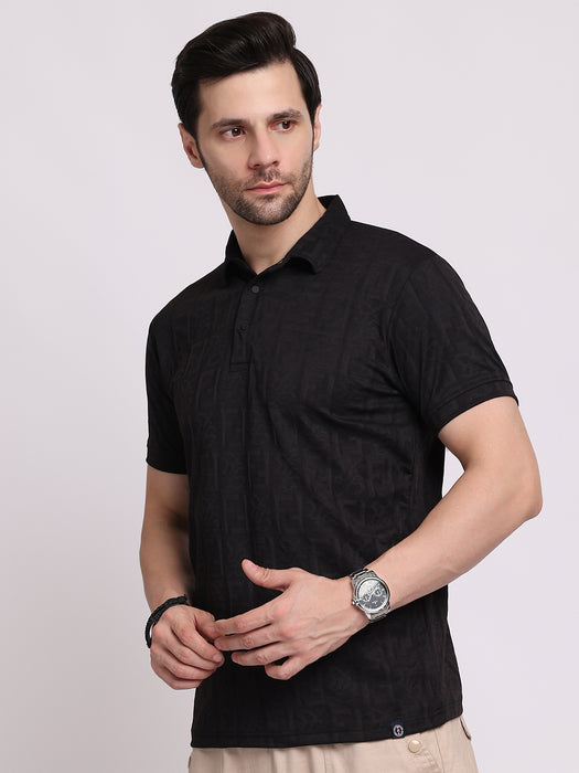Men Black Polyester Jacquard Classic polo collar with structured stitching T-shirt