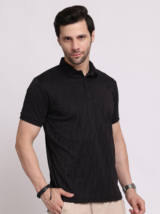 Men Black Polyester Jacquard Classic polo collar with structured stitching T-shirt